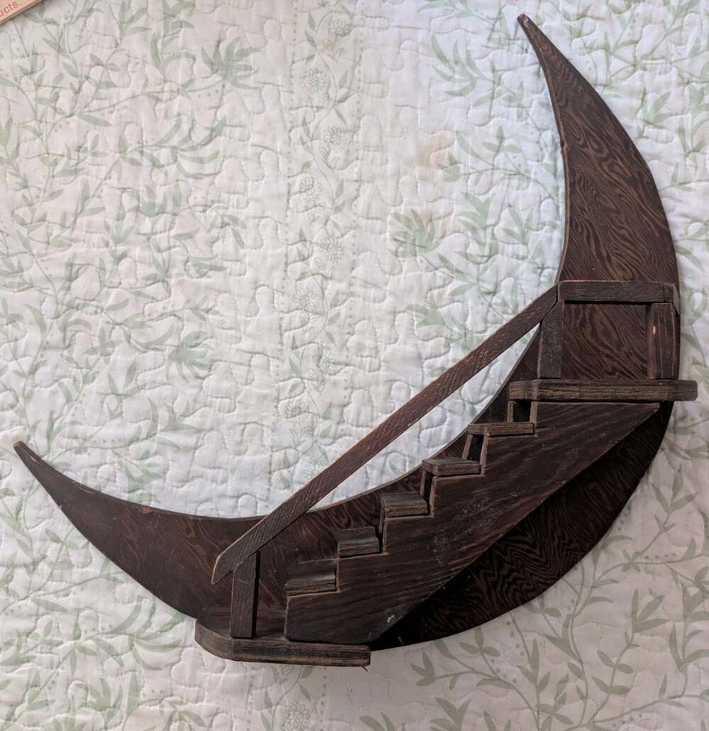 Vtg MCM Wooden Crescent Moon Staircase Shelf Wall Hanger